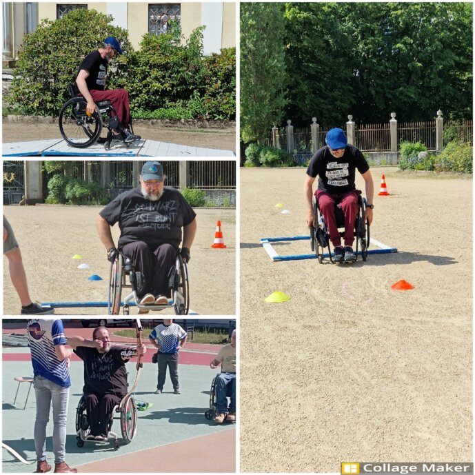 Sportfest Tangerhütte Collage mit Bildern vom Bogenschiessen und Rollstuhlparcours