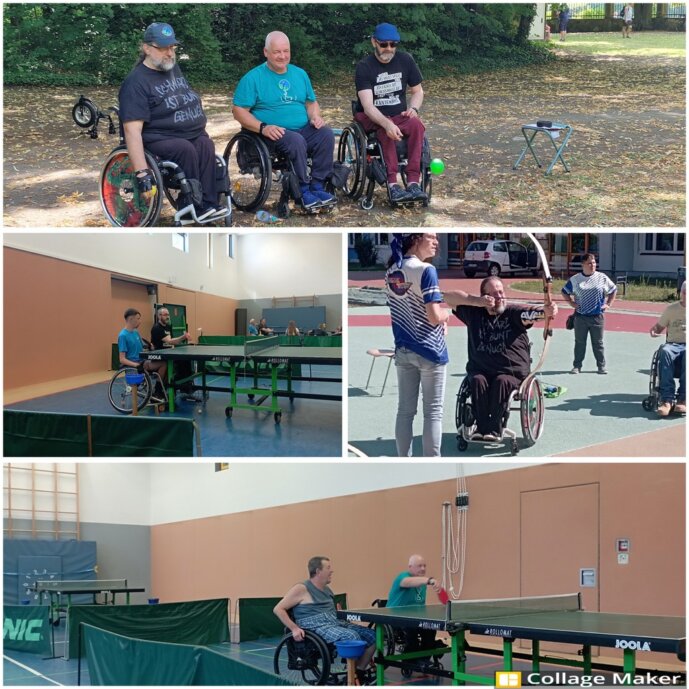 Sportfest Tangerhütte Collage mit Bildern vom Boccia, Tischtennis und Bogenschiessen